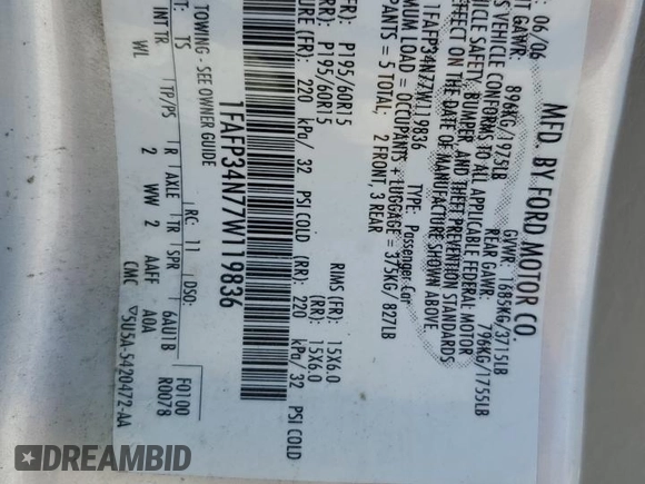 2007 Ford Focus S с VIN 1FAFP34N77W119836, выставлен на аукционе Copart как лот 57159225 с пробегом 104 717 миль миль и Списание • Salvage title. История ставок и продаж доступна на DreamBid. Изображение 13.