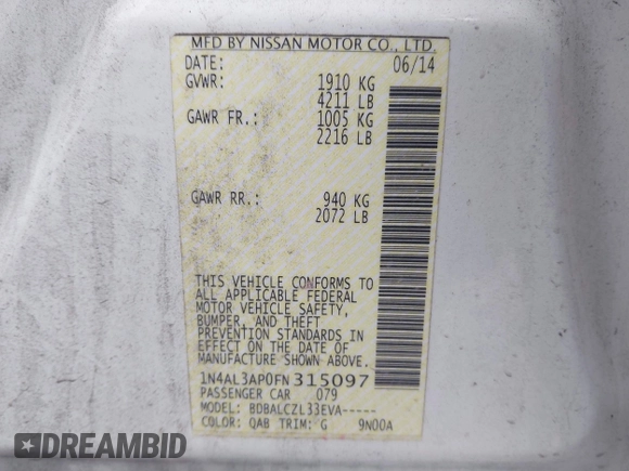 2015 Nissan Altima SL with VIN 1N4AL3AP0FN315097, listed as a IAAI auction lot 41635931 with 104,615 mi miles and . Bid and sale history available at DreamBid. Image 9.