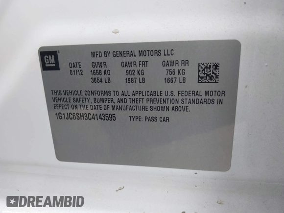 2012 Chevrolet Sonic LT with VIN 1G1JC6SH3C4143595, listed as a IAAI auction lot 40617924 with 156,246 mi miles and . Bid and sale history available at DreamBid. Image 9.