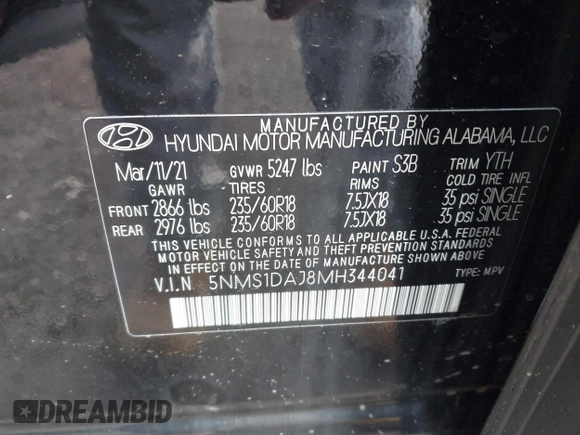 2021 Hyundai Santa Fe SE с VIN 5NMS1DAJ8MH344041, выставлен на аукционе IAAI как лот 42195875 с пробегом 39 071 миль миль и . История ставок и продаж доступна на DreamBid. Изображение 9.