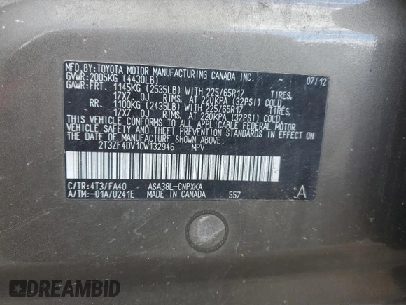 2012 Toyota RAV4 with VIN 2T3ZF4DV1CW132946, listed as a Copart auction lot 53207555 with 96,089 mi miles and Salvage Title. Bid and sale history available at carsss.com. Image 13.