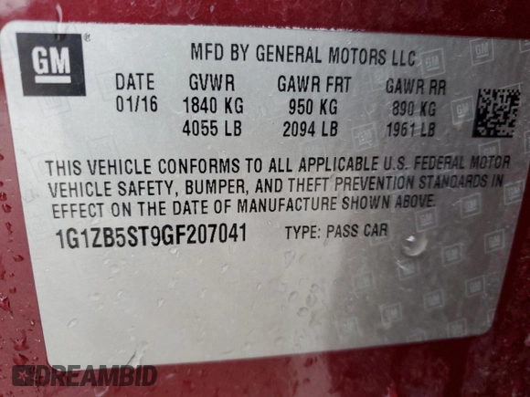 2016 Chevrolet Malibu LS with VIN 1G1ZB5ST9GF207041, listed as a Copart auction lot 52031895 with 144,555 mi miles and Clean Title. Bid and sale history available at DreamBid. Image 13.