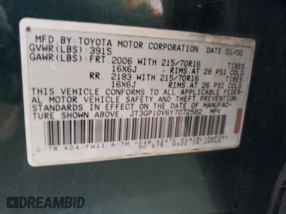 2000 Toyota RAV4 z VIN JT3GP10V6Y7072582, wystawiony jako Copart lot #60486825 z przebiegiem 182 699 mil mil oraz Szkoda całkowita • Salvage title. Historia ofert i sprzedaży dostępna na DreamBid. Obrazek 12.