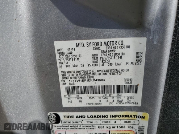 2014 Ford F-150 XL with VIN 1FTFW1EF1EKD43603, listed as a Copart auction lot 51505975 with 204,240 mi miles and Salvage Title. Bid and sale history available at carsss.com. Image 12.