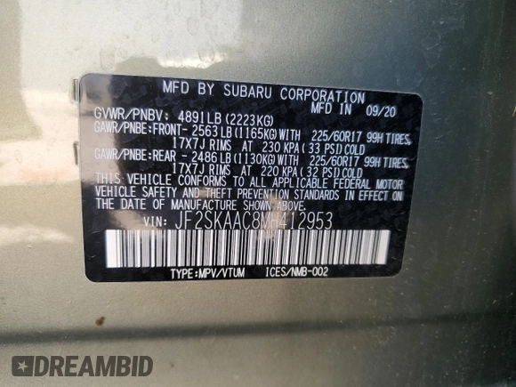 2021 Subaru Forester with VIN JF2SKAAC8MH412953, listed as a Copart auction lot 52617455 with 31,330 mi miles and Non repairable. Bid and sale history available at DreamBid. Image 12.