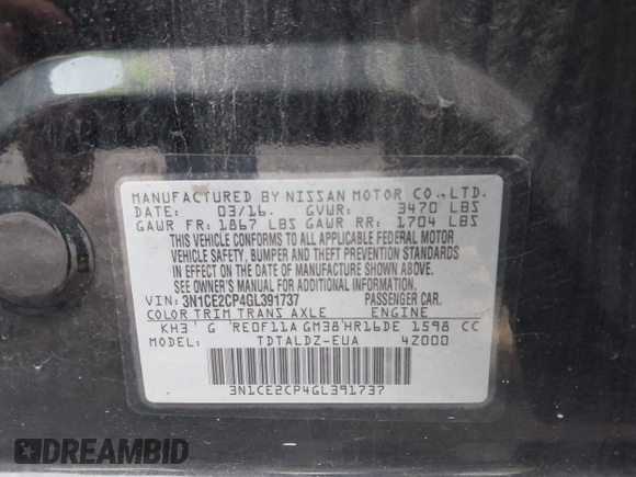 2016 Nissan Note SV with VIN 3N1CE2CP4GL391737, listed as a IAAI auction lot 40532707 with 72,104 mi miles and . Bid and sale history available at DreamBid. Image 9.