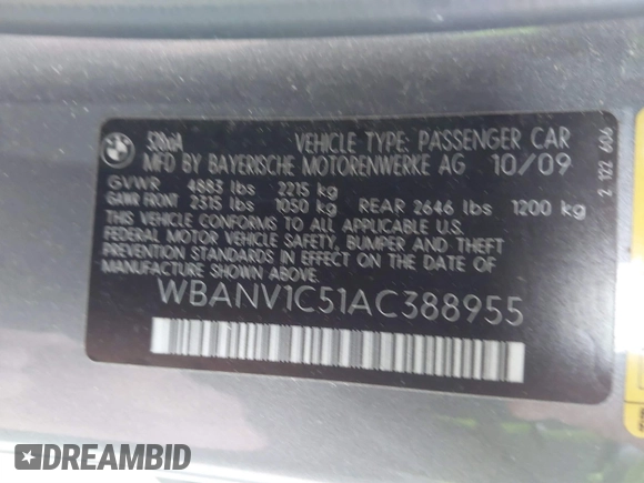 2010 BMW 5 Series 528i xDrive with VIN WBANV1C51AC388955, listed as a IAAI auction lot 41855819 with 92,240 mi miles and . Bid and sale history available at carsss.com. Image 9.