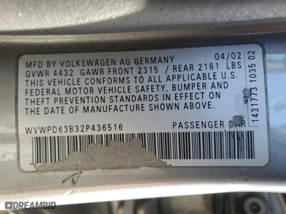 2002 Volkswagen Passat GLS with VIN WVWPD63B32P436516, listed as a Copart auction lot 78527334 with 194,069 mi miles and Salvage Title. Bid and sale history available at carsss.com. Image 12.