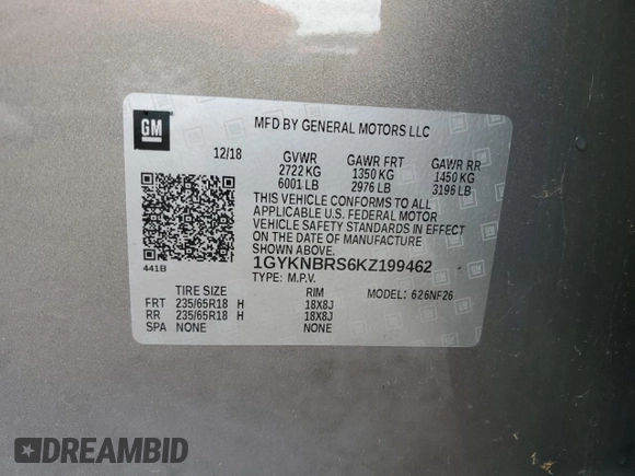 2019 Cadillac XT5 AWD with VIN 1GYKNBRS6KZ199462, listed as a Copart auction lot 62553385 with 36,925 mi miles and Clean title. Bid and sale history available at DreamBid. Image 13.