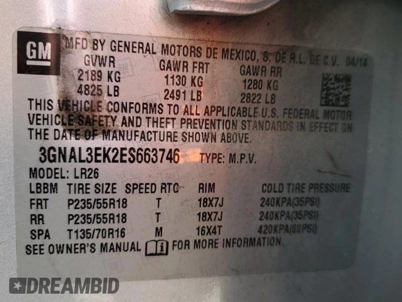 2014 Chevrolet Captiva Sport LT with VIN 3GNAL3EK2ES663746, listed as a Copart auction lot 52786195 with 163,520 mi miles and Clean Title. Bid and sale history available at DreamBid. Image 13.