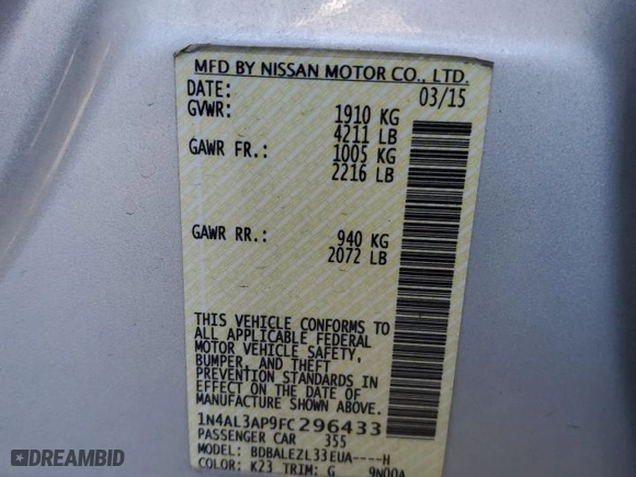 2015 Nissan Altima 2.5 S with VIN 1N4AL3AP9FC296433, listed as a Copart auction lot 50016515 with 96,348 mi miles and Salvage Title. Bid and sale history available at carsss.com. Image 15.