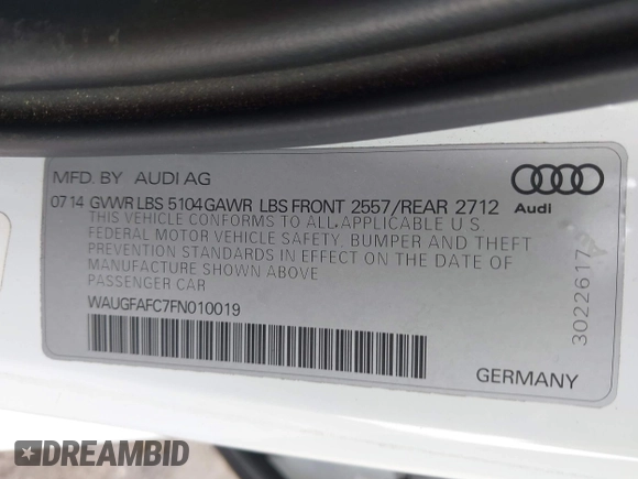 2015 Audi A6 2.0T Premium Plus with VIN WAUGFAFC7FN010019, listed as a IAAI auction lot 42033638 with 1 mi miles. Bid and sale history available at carsss.com. Image 9.