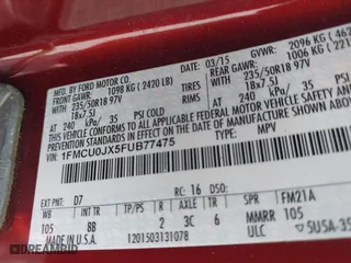 2015 Ford Escape Titanium with VIN 1FMCU0JX5FUB77475, listed as a IAAI auction lot 42103388 with 113,018 mi miles. Bid and sale history available at carsss.com. Image 9.