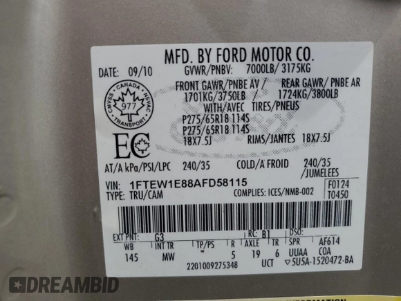 2010 Ford F-150 XL with VIN 1FTEW1E88AFD58115, listed as a Copart auction lot 62996725 with 179,894 mi miles and Clean title. Bid and sale history available at DreamBid. Image 13.