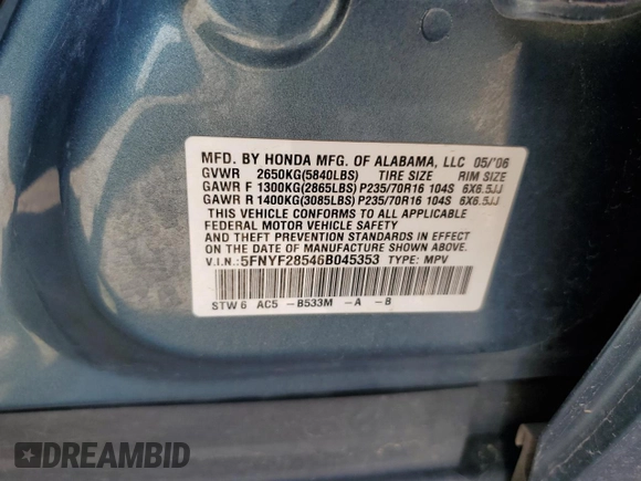 2006 Honda Pilot EX-L with VIN 5FNYF28546B045353, listed as a Copart auction lot 53646695 with 107,325 mi miles and Salvage Title. Bid and sale history available at DreamBid. Image 13.