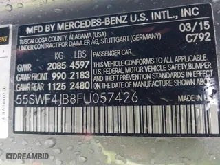 2015 Mercedes-Benz C-Class C 300 with VIN 55SWF4JB8FU057426, listed as a IAAI auction lot 41558621 with 106,655 mi miles. Bid and sale history available at carsss.com. Image 9.