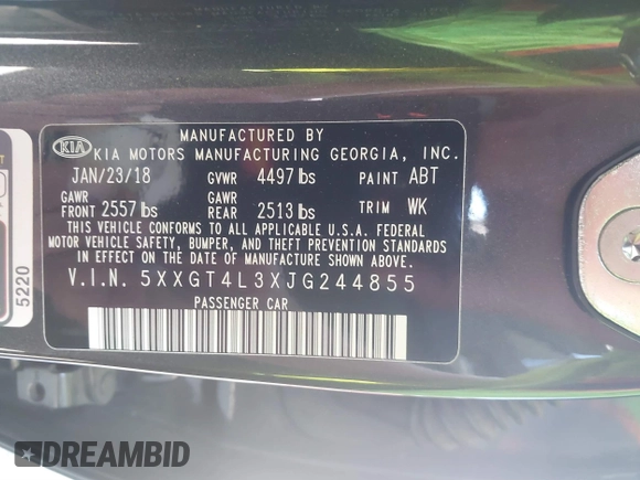 2018 Kia Optima LX with VIN 5XXGT4L3XJG244855, listed as a IAAI auction lot 41679341 with 43,230 mi miles. Bid and sale history available at carsss.com. Image 9.
