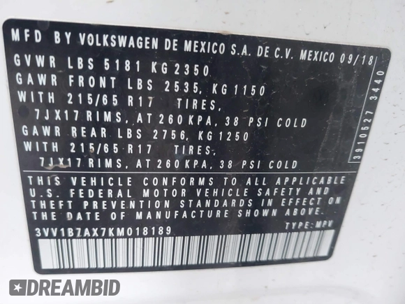 2019 Volkswagen Tiguan S z VIN 3VV1B7AX7KM018189, wystawiony jako IAAI lot #41741924 z przebiegiem 61 740 mil mil oraz . Historia ofert i sprzedaży dostępna na DreamBid. Obrazek 9.