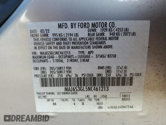 2022 Ford EcoSport SE with VIN MAJ6S3GL5NC461213, listed as a Copart auction lot 50873695 with 11,728 mi miles and Salvage Title. Bid and sale history available at carsss.com. Image 14.