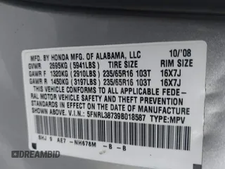 2009 Honda Odyssey EX-L с VIN 5FNRL38739B018587, выставлен на аукционе IAAI как лот 41795550 с пробегом 185 194 миль миль и . История ставок и продаж доступна на DreamBid. Изображение 9.