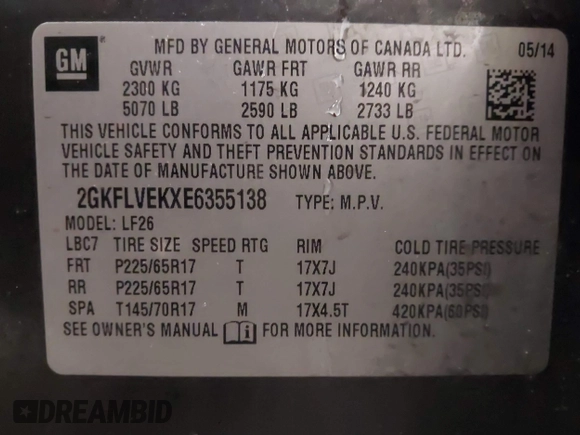 2014 GMC Terrain SLE with VIN 2GKFLVEKXE6355138, listed as a IAAI auction lot 41327469 with 99,044 mi miles. Bid and sale history available at carsss.com. Image 9.