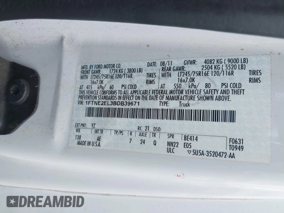 2011 Ford Econoline Cargo Commercial with VIN 1FTNE2EL3BDB39671, listed as a IAAI auction lot 42710914 with 123,621 mi miles and . Bid and sale history available at DreamBid. Image 9.