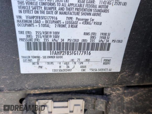 2015 Ford Taurus Limited with VIN 1FAHP2F85FG177916, listed as a Copart auction lot 49004365 with 129,486 mi miles and Salvage Title. Bid and sale history available at DreamBid. Image 12.