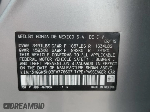 2015 Honda Fit EX-L with VIN 3HGGK5H83FM778607, listed as a Copart auction lot 61733845 with 26,338 mi miles and Clean title. Bid and sale history available at DreamBid. Image 13.