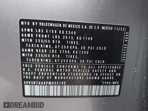 2023 Volkswagen Tiguan SE with VIN 3VV3B7AX6PM032195, listed as a IAAI auction lot 41867087 with 29,860 mi miles and . Bid and sale history available at DreamBid. Image 9.