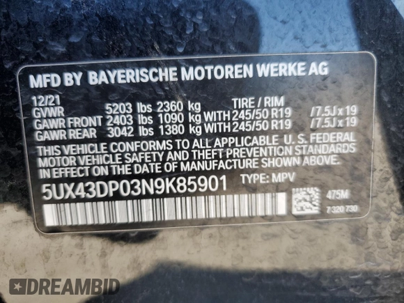 2022 BMW X3 sDrive30i with VIN 5UX43DP03N9K85901, listed as a Copart auction lot 47932955 with Not Provided miles and Salvage Title. Bid and sale history available at DreamBid. Image 13.