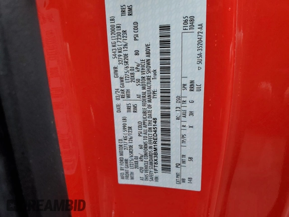 2024 Ford F-350 with VIN 1FT8X3BM1RED45148, listed as a Copart auction lot 42308275 with Not provided miles and Salvage title. Bid and sale history available at DreamBid. Image 12.
