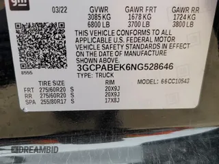 2022 Chevrolet Silverado 1500 Custom with VIN 3GCPABEK6NG528646, listed as a Copart auction lot 44184345 with 53,102 mi miles and Salvage Title. Bid and sale history available at DreamBid. Image 12.