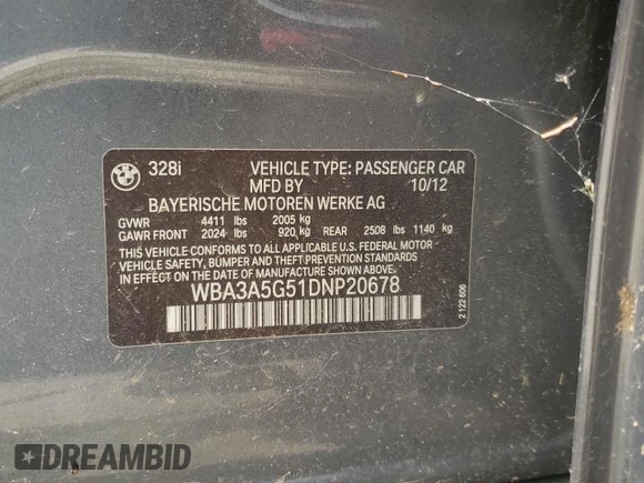 2013 BMW 3 Series 328i with VIN WBA3A5G51DNP20678, listed as a Copart auction lot 63311825 with 183,522 mi miles and Clean title. Bid and sale history available at DreamBid. Image 12.