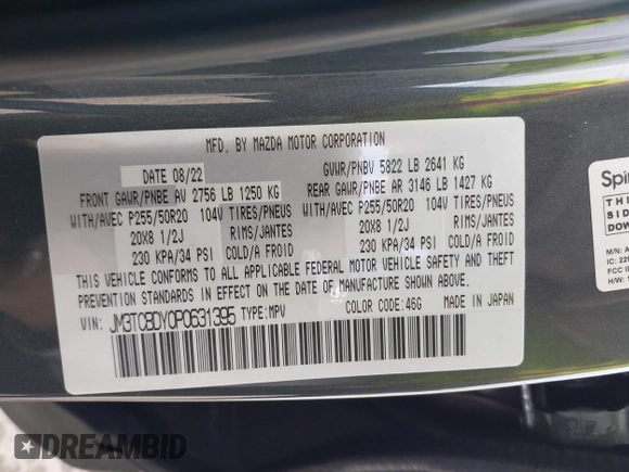 2023 Mazda CX-9 Grand Touring z VIN JM3TCBDY0P0631395, wystawiony jako IAAI lot #41449555 z przebiegiem 17 721 mil mil oraz . Historia ofert i sprzedaży dostępna na DreamBid. Obrazek 9.