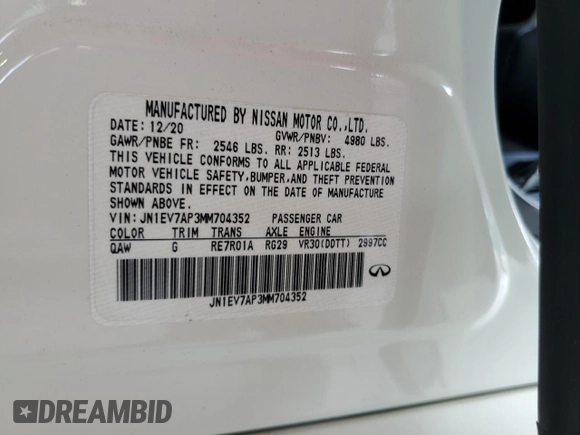 2021 Infiniti Q50 Pure with VIN JN1EV7AP3MM704352, listed as a Copart auction lot 51547225 with 21,296 mi miles and Non Repairable. Bid and sale history available at DreamBid. Image 13.