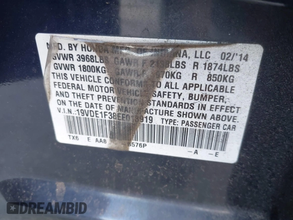 2014 Acura ILX with VIN 19VDE1F38EE013919, listed as a IAAI auction lot 41155130 with 213,640 mi miles. Bid and sale history available at carsss.com. Image 9.