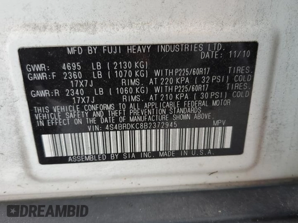 2011 Subaru Outback Limited Power Moon with VIN 4S4BRDKC8B2372945, listed as a Copart auction lot 61623255 with 197,799 mi miles and Salvage title. Bid and sale history available at DreamBid. Image 13.