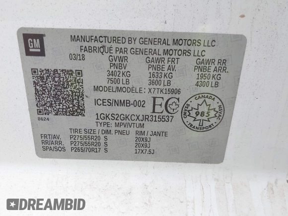 2018 GMC Yukon XL SLT with VIN 1GKS2GKCXJR315537, listed as a IAAI auction lot 41541293 with 114,672 mi miles. Bid and sale history available at carsss.com. Image 9.