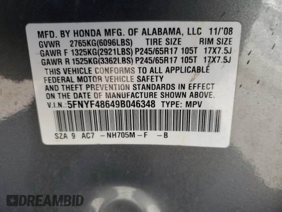 2009 Honda Pilot EX-L with VIN 5FNYF48649B046348, listed as a Copart auction lot 50353255 with 182,356 mi miles and Salvage Title. Bid and sale history available at carsss.com. Image 13.