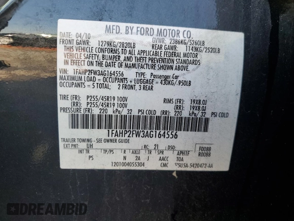 2010 Ford Taurus Limited with VIN 1FAHP2FW3AG164556, listed as a Copart auction lot 62024345 with 153,320 mi miles and Salvage title. Bid and sale history available at DreamBid. Image 13.