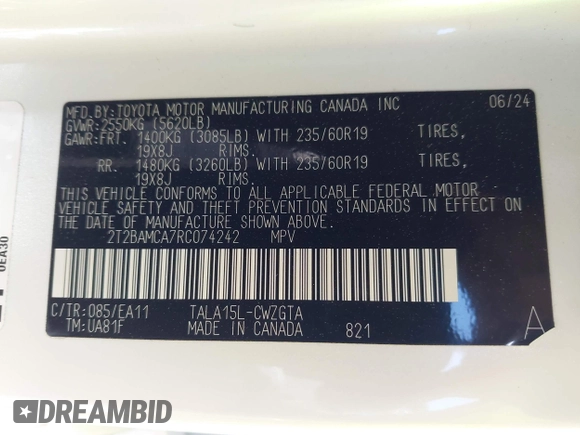 2024 Lexus RX 350 with VIN 2T2BAMCA7RC074242, listed as a IAAI auction lot 42220864 with 4,544 mi miles and . Bid and sale history available at DreamBid. Image 9.