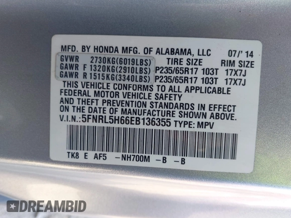 2014 Honda Odyssey EX-L с VIN 5FNRL5H66EB136355, выставлен на аукционе IAAI как лот 42274121 с пробегом 126 835 миль миль и . История ставок и продаж доступна на DreamBid. Изображение 9.