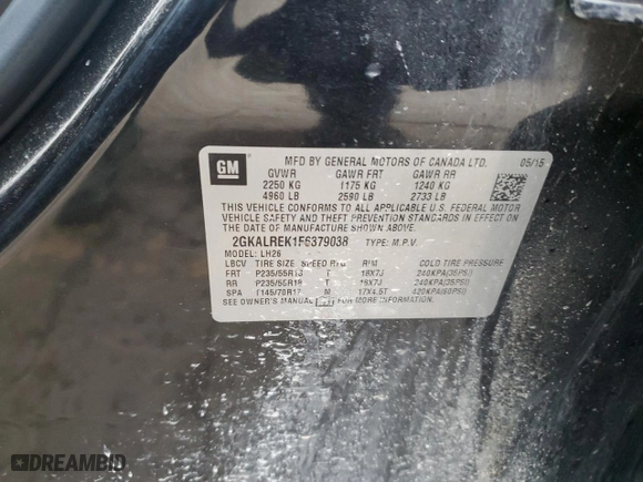 2015 GMC Terrain SLE with VIN 2GKALREK1F6379038, listed as a Copart auction lot 50498525 with 116,702 mi miles and Clean Title. Bid and sale history available at carsss.com. Image 13.