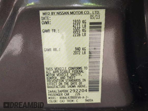 2013 Nissan Altima SV with VIN 1N4AL3AP0DC292204, listed as a IAAI auction lot 42844510 with 173,596 mi miles and . Bid and sale history available at DreamBid. Image 9.