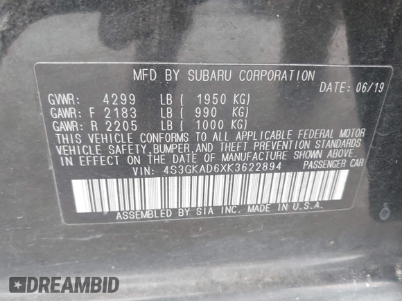 2019 Subaru Impreza Premium with VIN 4S3GKAD6XK3622894, listed as a IAAI auction lot 41947396 with 68,277 mi miles. Bid and sale history available at carsss.com. Image 9.
