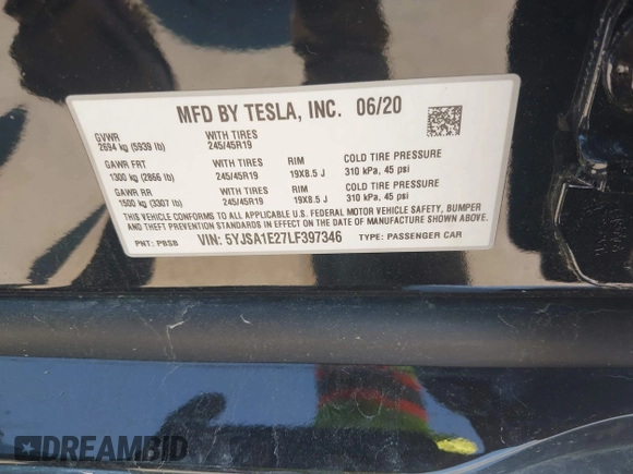 2020 Tesla Model S Long Range with VIN 5YJSA1E27LF397346, listed as a IAAI auction lot 40579015 with 43,779 mi miles and . Bid and sale history available at DreamBid. Image 9.
