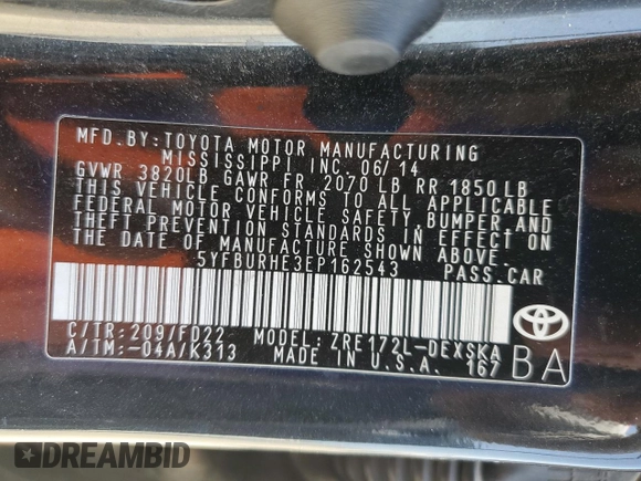 2014 Toyota Corolla L z VIN 5YFBURHE3EP162543, wystawiony jako Copart lot #59637215 z przebiegiem 157 575 mil mil oraz Szkoda całkowita • Salvage title. Historia ofert i sprzedaży dostępna na DreamBid. Obrazek 12.