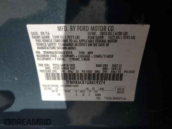 2016 Ford Flex SEL with VIN 2FMHK6C81GBA19274, listed as a Copart auction lot 50528915 with 92,983 mi miles and Salvage Title. Bid and sale history available at carsss.com. Image 16.