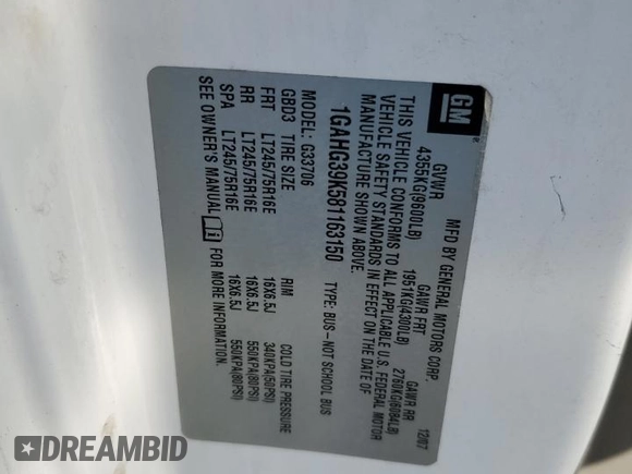 2008 Chevrolet Express Passenger with VIN 1GAHG39K581163150, listed as a Copart auction lot 83560444 with 103,807 mi miles and Salvage title. Bid and sale history available at DreamBid. Image 13.