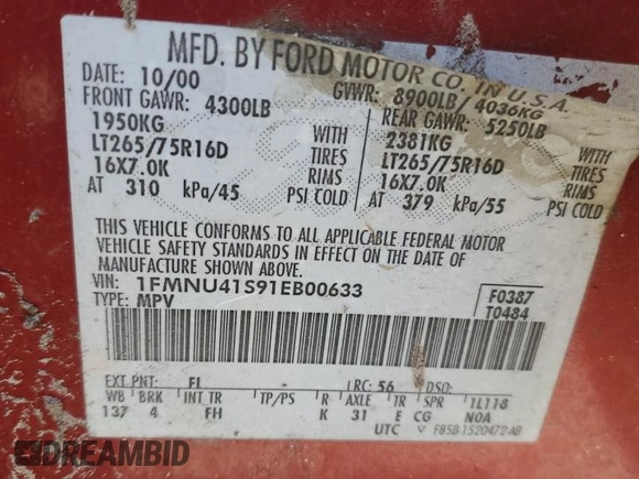 2001 Ford Excursion XLT with VIN 1FMNU41S91EB00633, listed as a Copart auction lot 82747134 with 334,564 mi miles and Salvage Title. Bid and sale history available at DreamBid. Image 13.